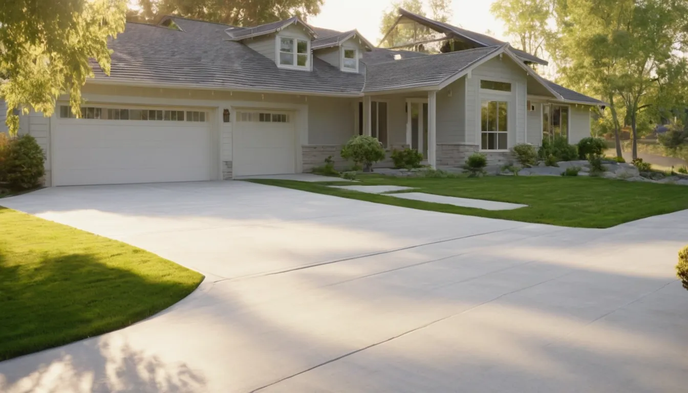 A freshly finished concrete driveway in front of a ranch home in Naperville
